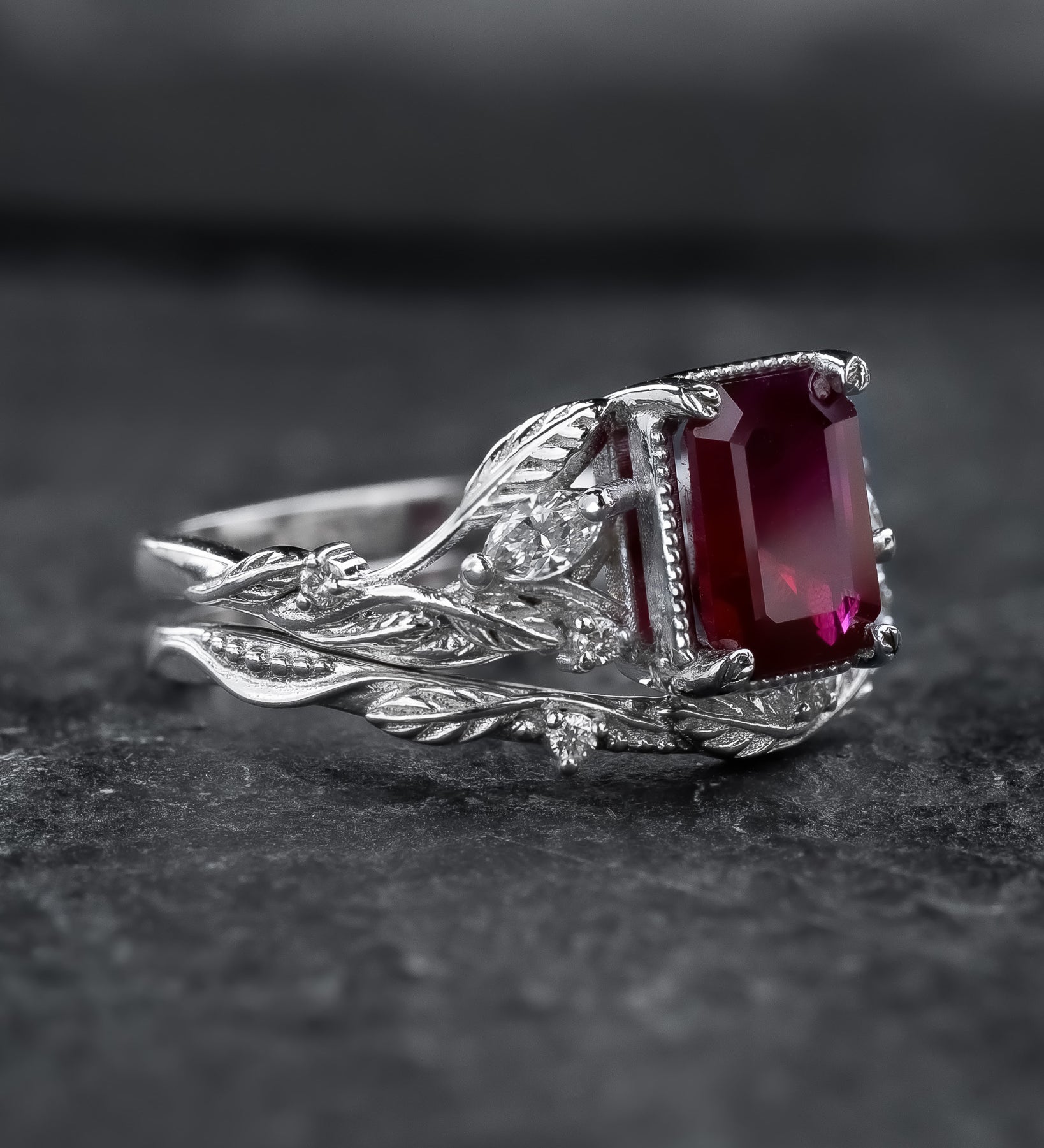 Bridal Set with Emerald-Cut (Natural) Ruby Flanked by Leaves / Patricia - Eden Garden Jewelry™