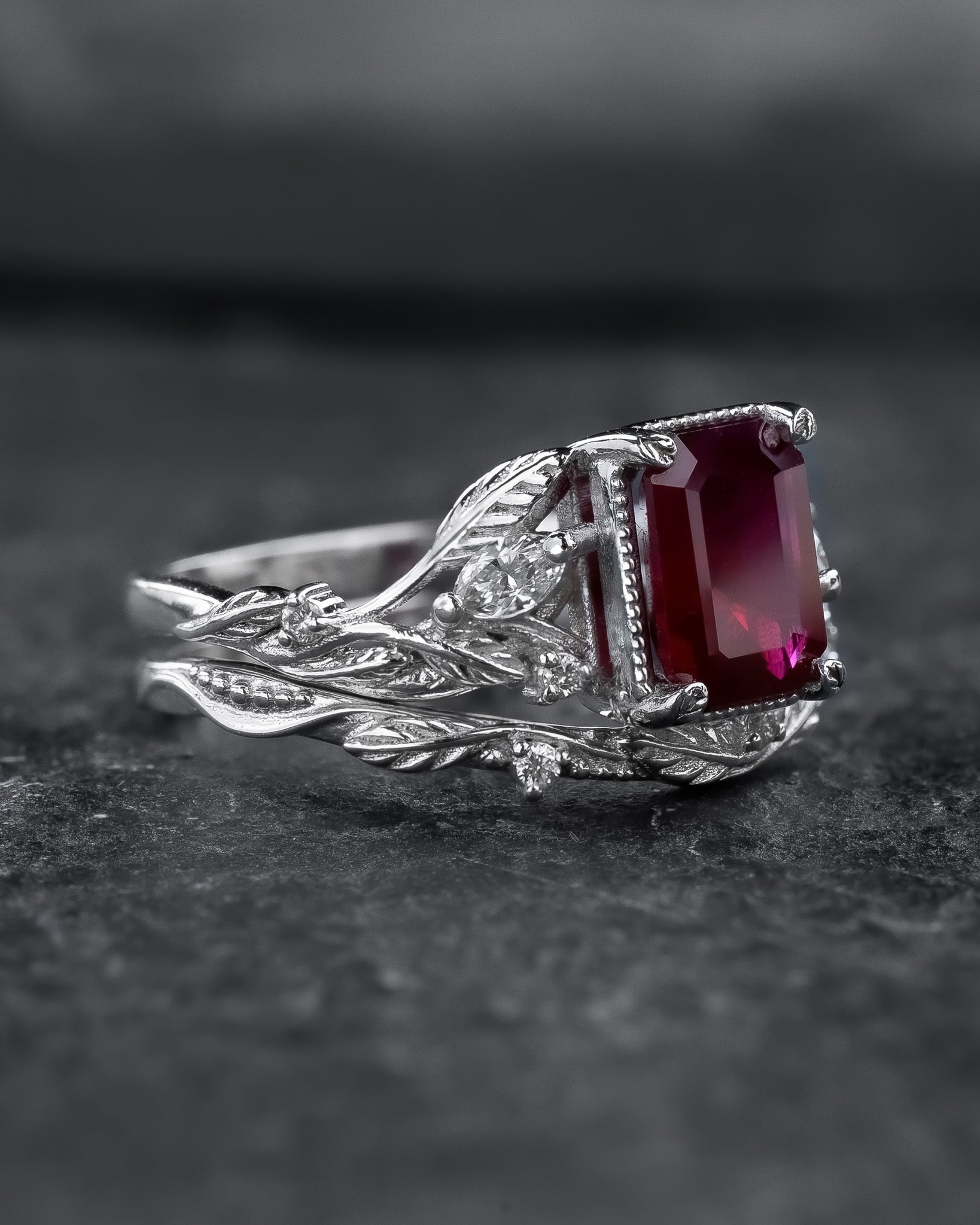 Bridal Set with Emerald-Cut (Natural) Ruby Flanked by Leaves / Patricia - Eden Garden Jewelry™