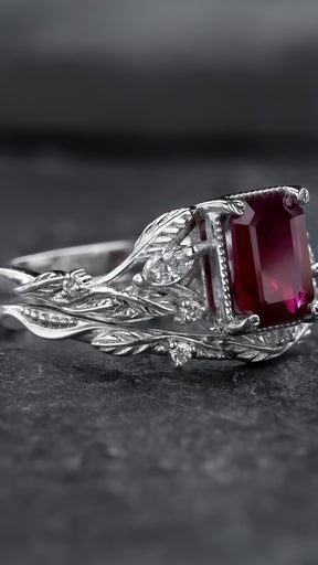 Bridal Set with Emerald-Cut (Natural) Ruby Flanked by Leaves / Patricia - Eden Garden Jewelry™