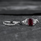 Bridal Set with Emerald-Cut (Natural) Ruby Flanked by Leaves / Patricia - Eden Garden Jewelry™