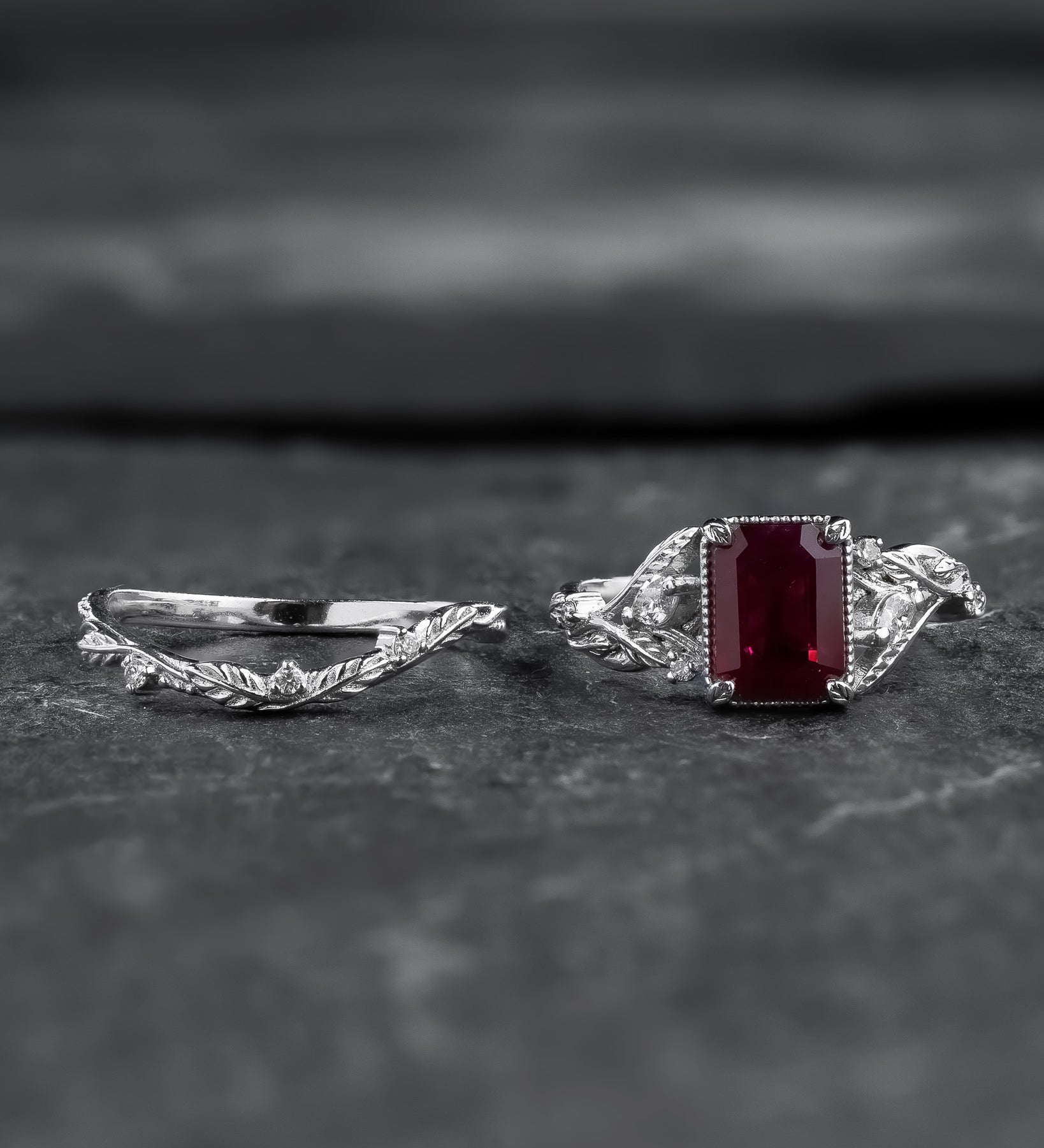 Bridal Set with Emerald-Cut (Natural) Ruby Flanked by Leaves / Patricia - Eden Garden Jewelry™