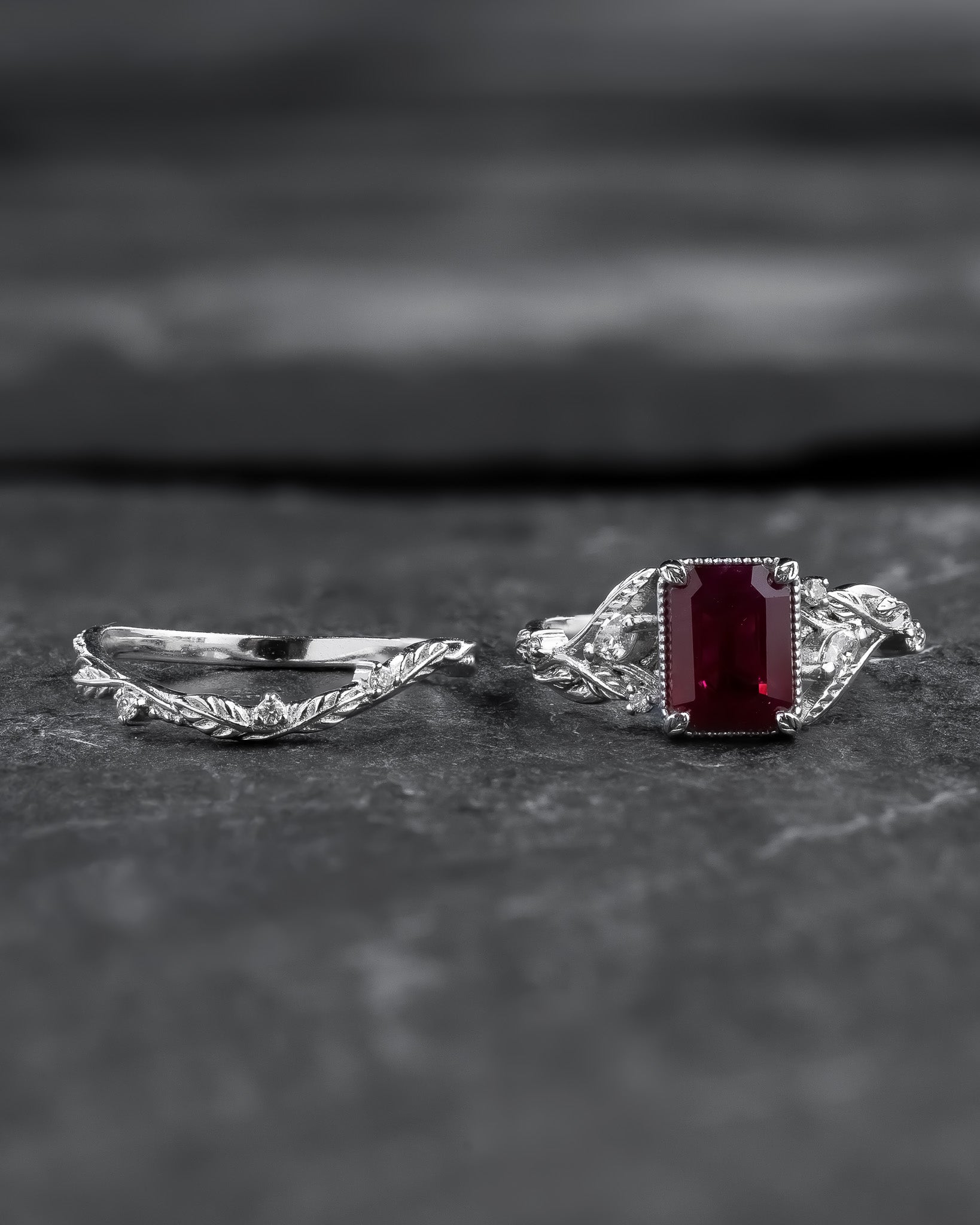 Bridal Set with Emerald-Cut (Natural) Ruby Flanked by Leaves / Patricia - Eden Garden Jewelry™