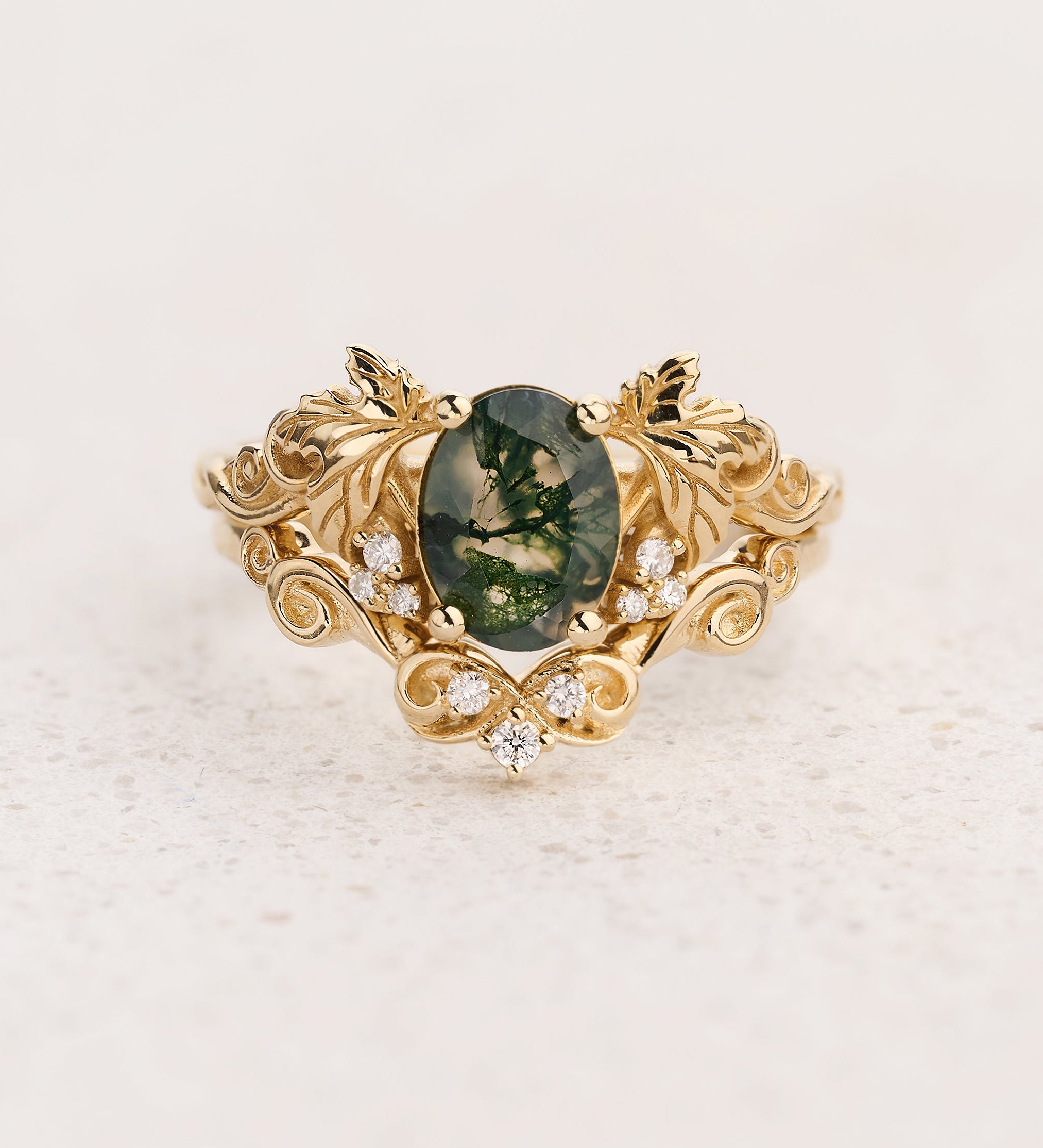 Bridal Set with Moss Agate Engagement Ring & Matching Band / Vineyard - Eden Garden Jewelry™