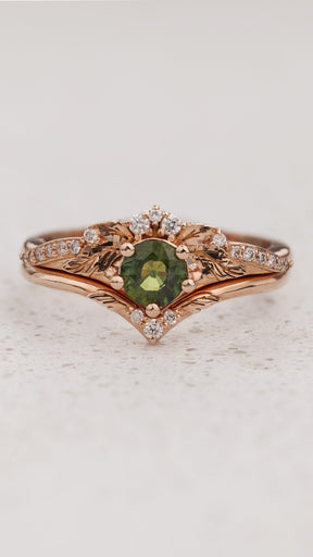 READY TO SHIP Amelia bridal ring set with natural green sapphire, 14K rose gold, RING SIZES: 5.5 - 8.5 US - Eden Garden Jewelry™