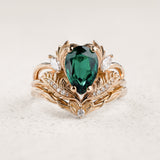 Bridal Set with Pear-Cut Emerald Engagement Ring and Curved Matching Band / Adonis - Eden Garden Jewelry™