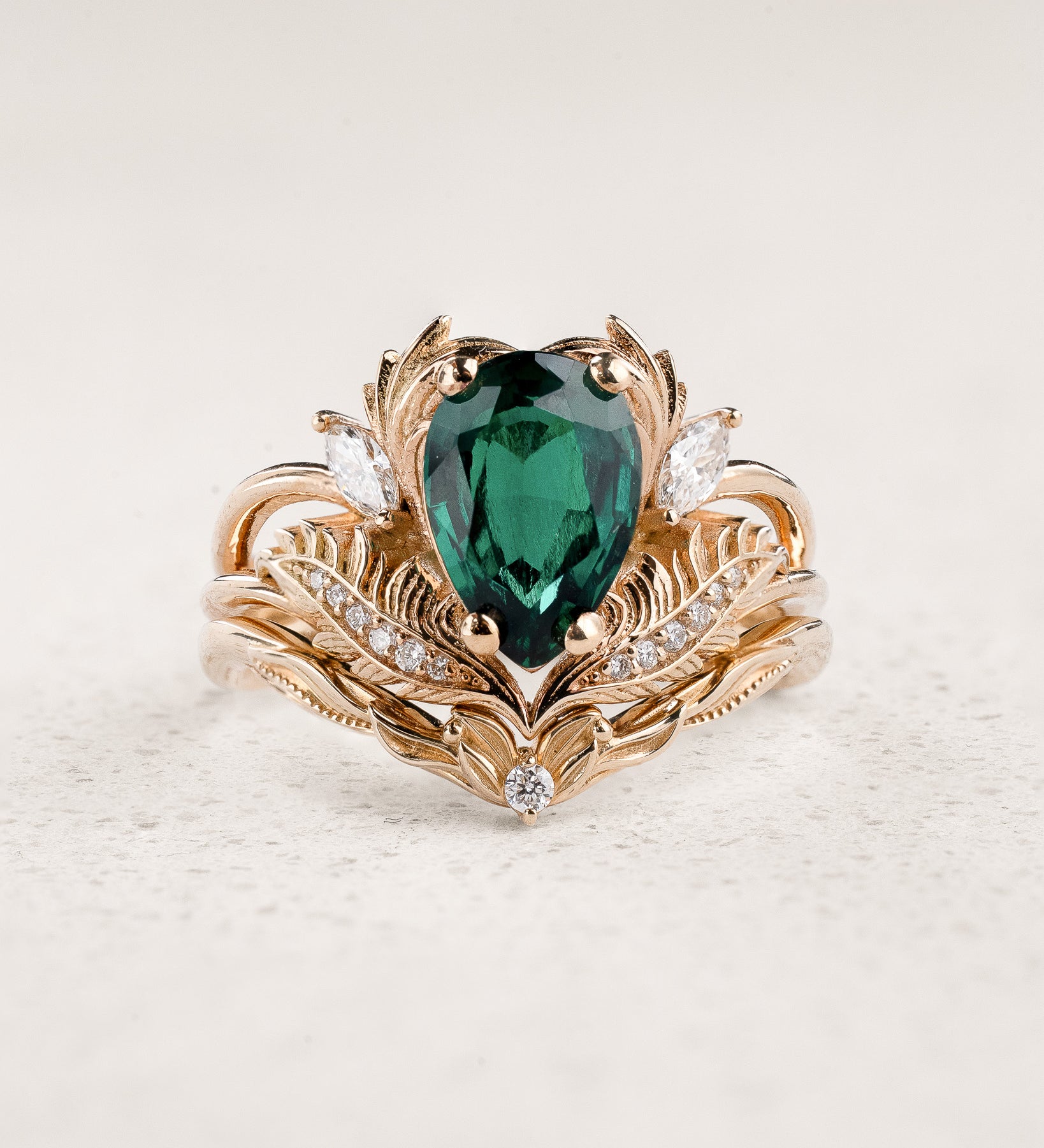 Bridal Set with Pear-Cut Emerald Engagement Ring and Curved Matching Band / Adonis - Eden Garden Jewelry™
