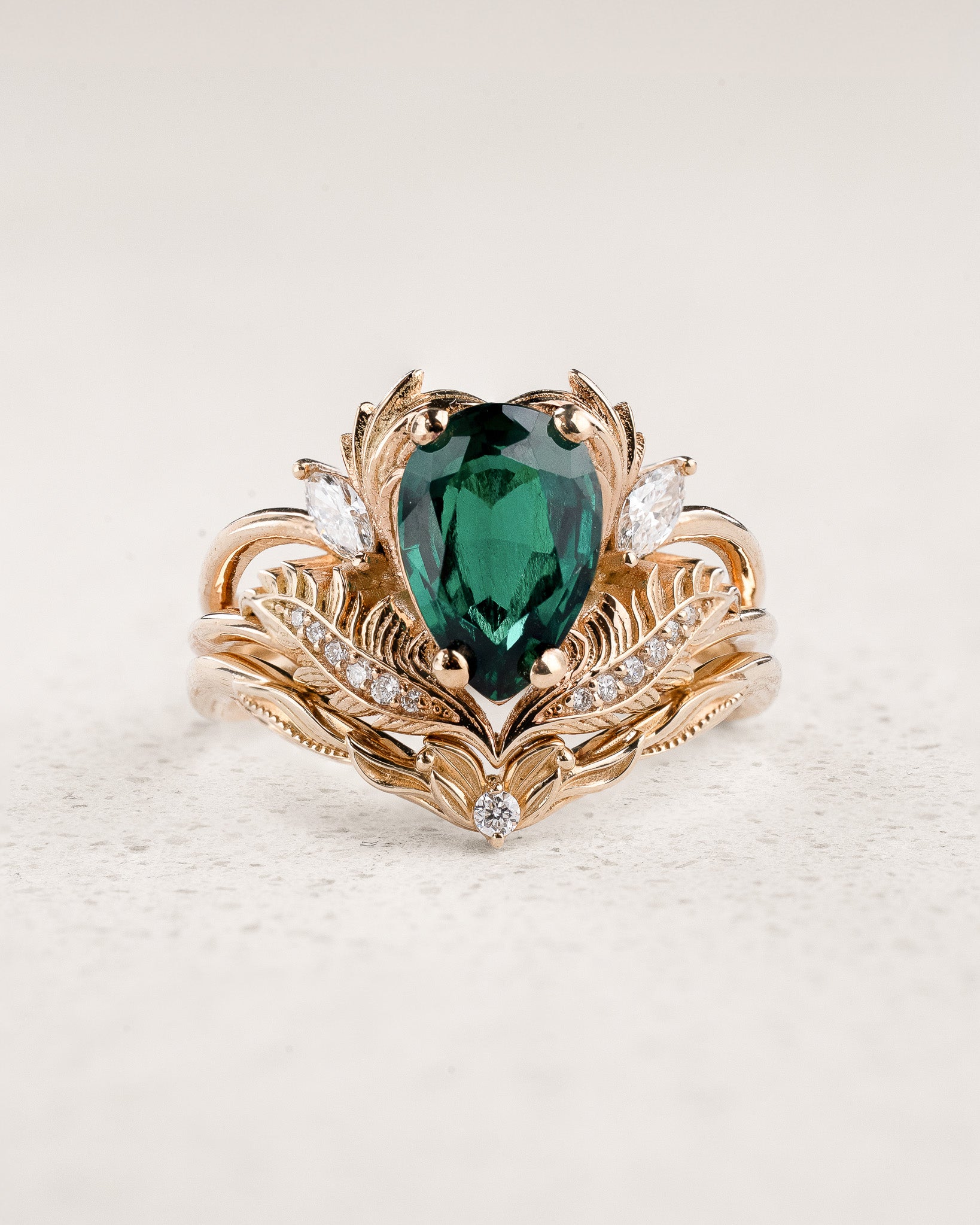 Bridal Set with Pear-Cut Emerald Engagement Ring and Curved Matching Band / Adonis - Eden Garden Jewelry™