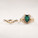 Bridal Set with Pear-Cut Emerald Engagement Ring and Curved Matching Band / Adonis - Eden Garden Jewelry™