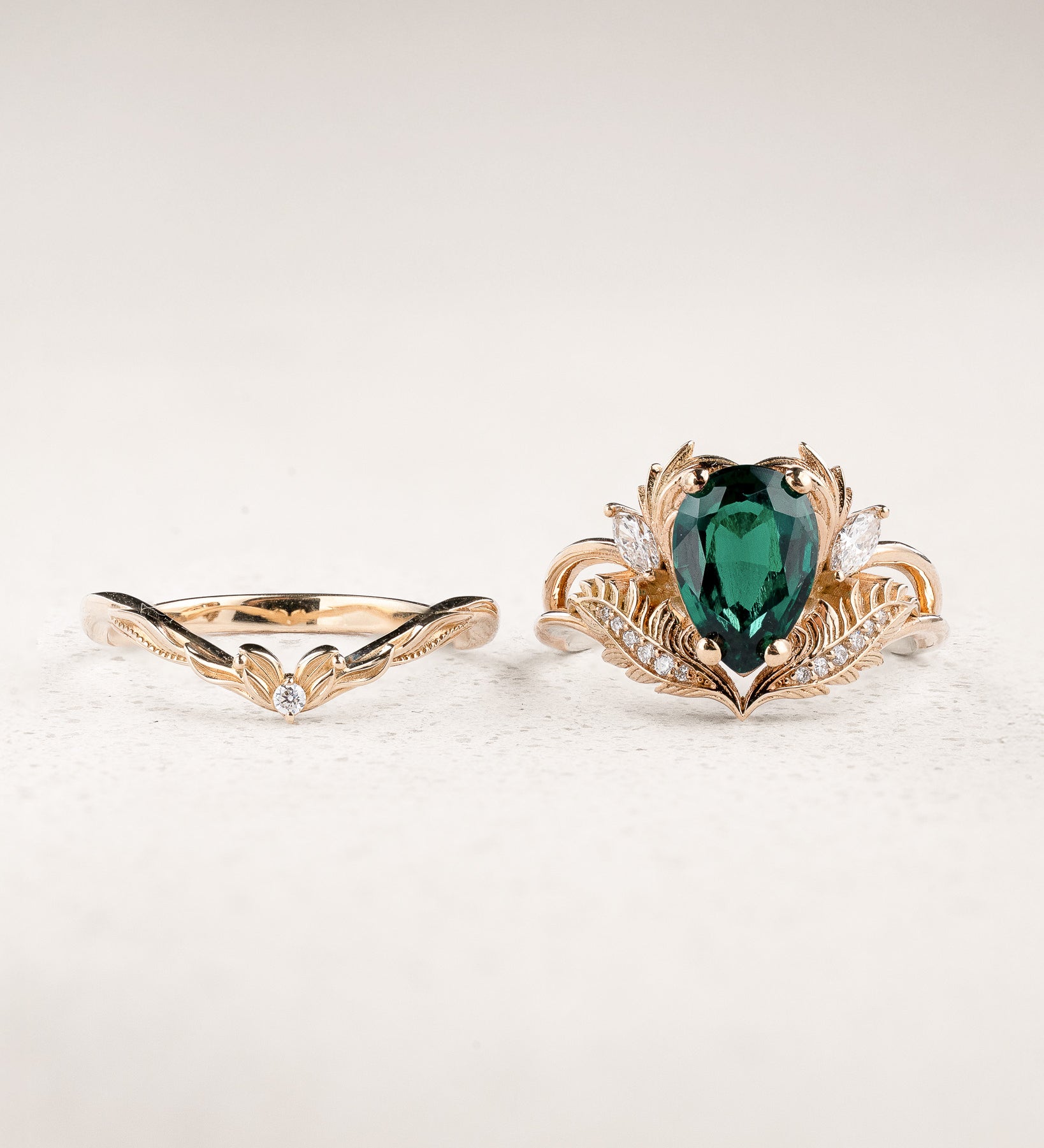 Bridal Set with Pear-Cut Emerald Engagement Ring and Curved Matching Band / Adonis - Eden Garden Jewelry™