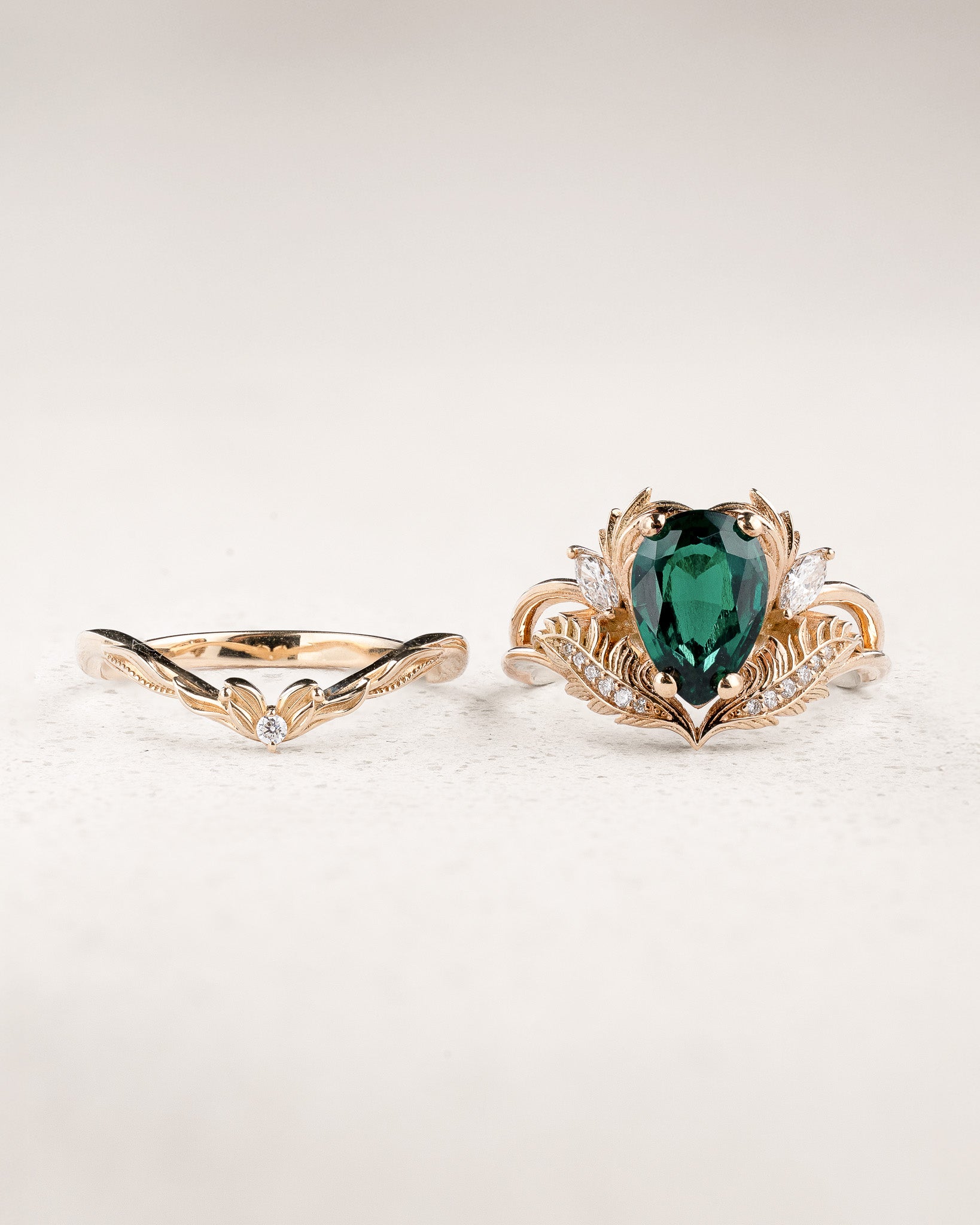 Bridal Set with Pear-Cut Emerald Engagement Ring and Curved Matching Band / Adonis - Eden Garden Jewelry™