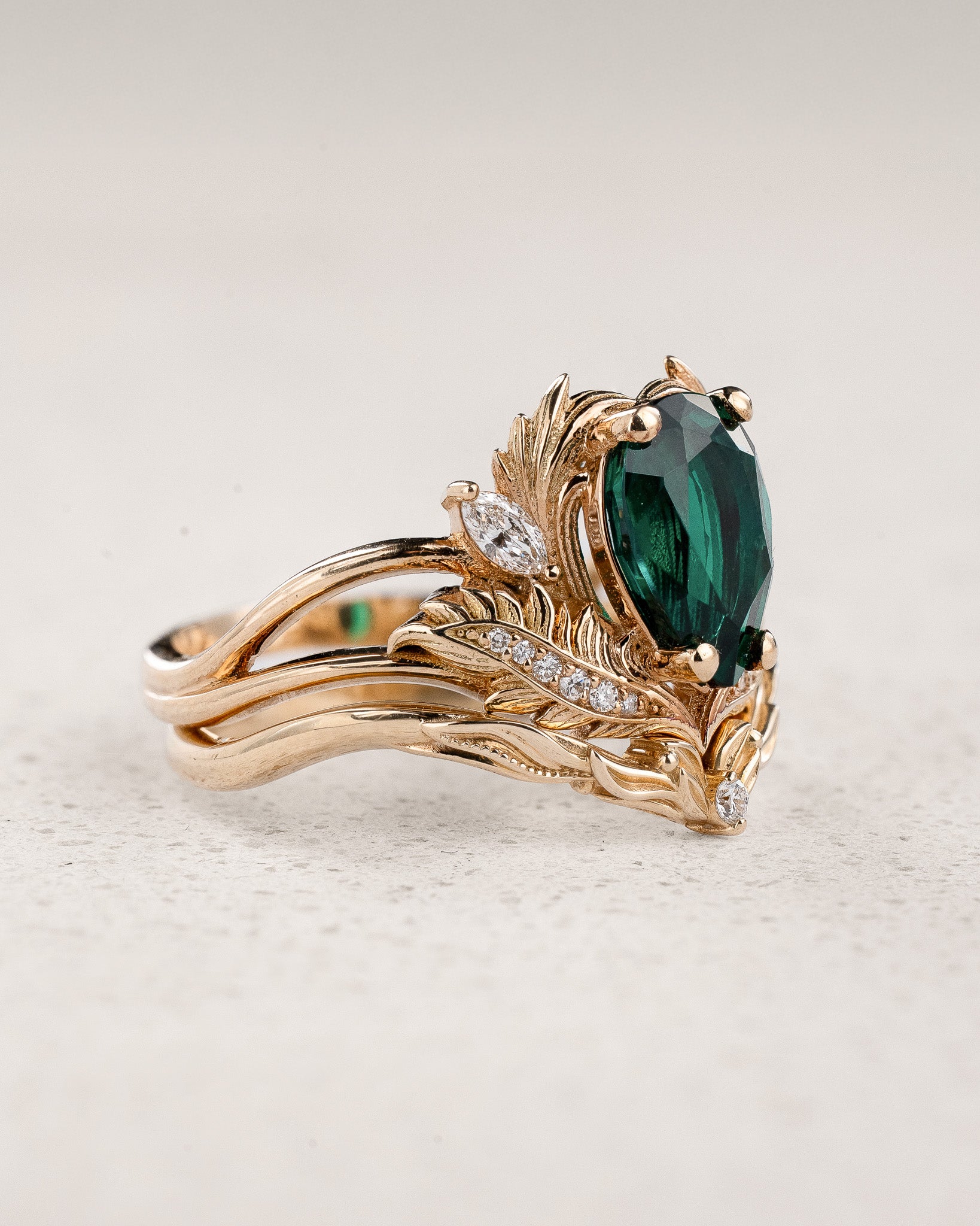 Bridal Set with Pear-Cut Emerald Engagement Ring and Curved Matching Band / Adonis - Eden Garden Jewelry™