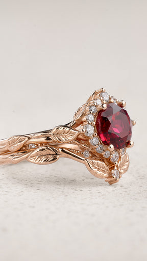 Bridal Set with Round (Lab-Grown) Ruby and Diamond Halo / Florentina - Eden Garden Jewelry™