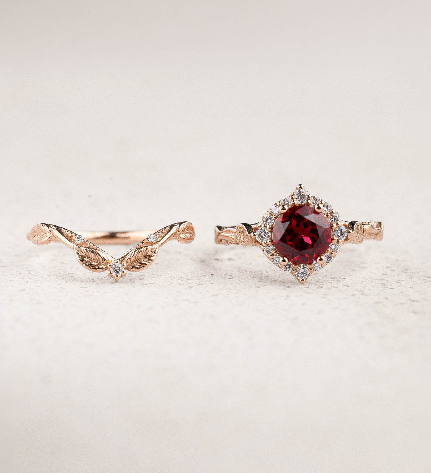 Bridal Set with Round (Lab-Grown) Ruby and Diamond Halo / Florentina - Eden Garden Jewelry™