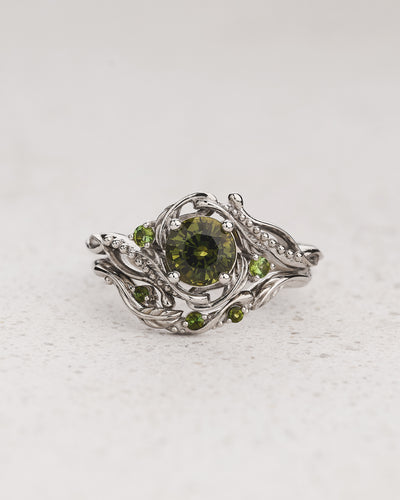 READY TO SHIP Undina bridal set with natural green sapphire and accent tourmalines, 14K white gold, AVAILABLE RING SIZES 6.5 - 9.5 US - Eden Garden Jewelry™
