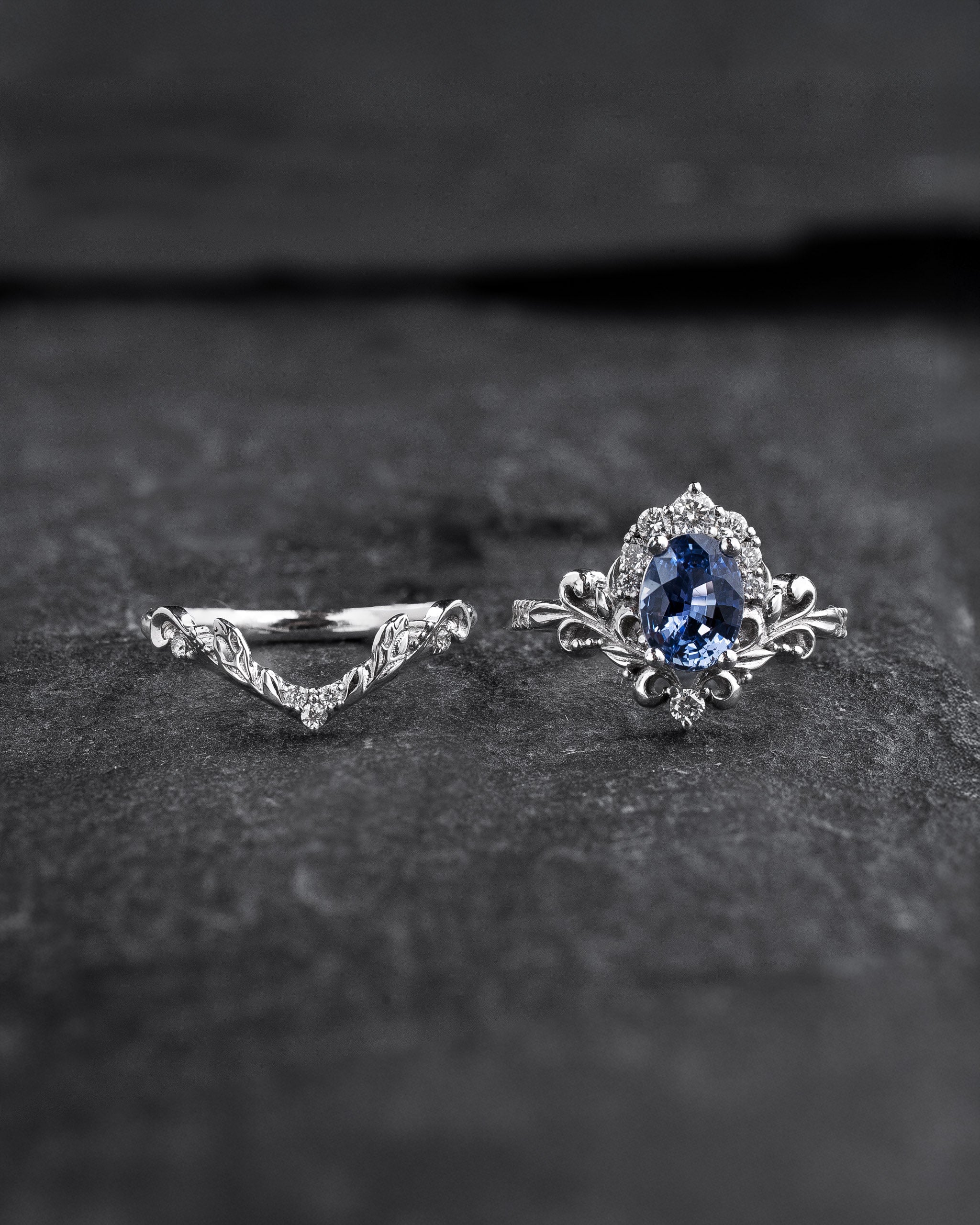 Bridal Set with Oval Blue (Natural) Sapphire and Diamond Crown / Sophie - Eden Garden Jewelry™