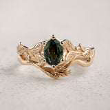 Bridal Set with Oval Dark Green Sapphire Embraced by Golden Leaves / Freesia - Eden Garden Jewelry™