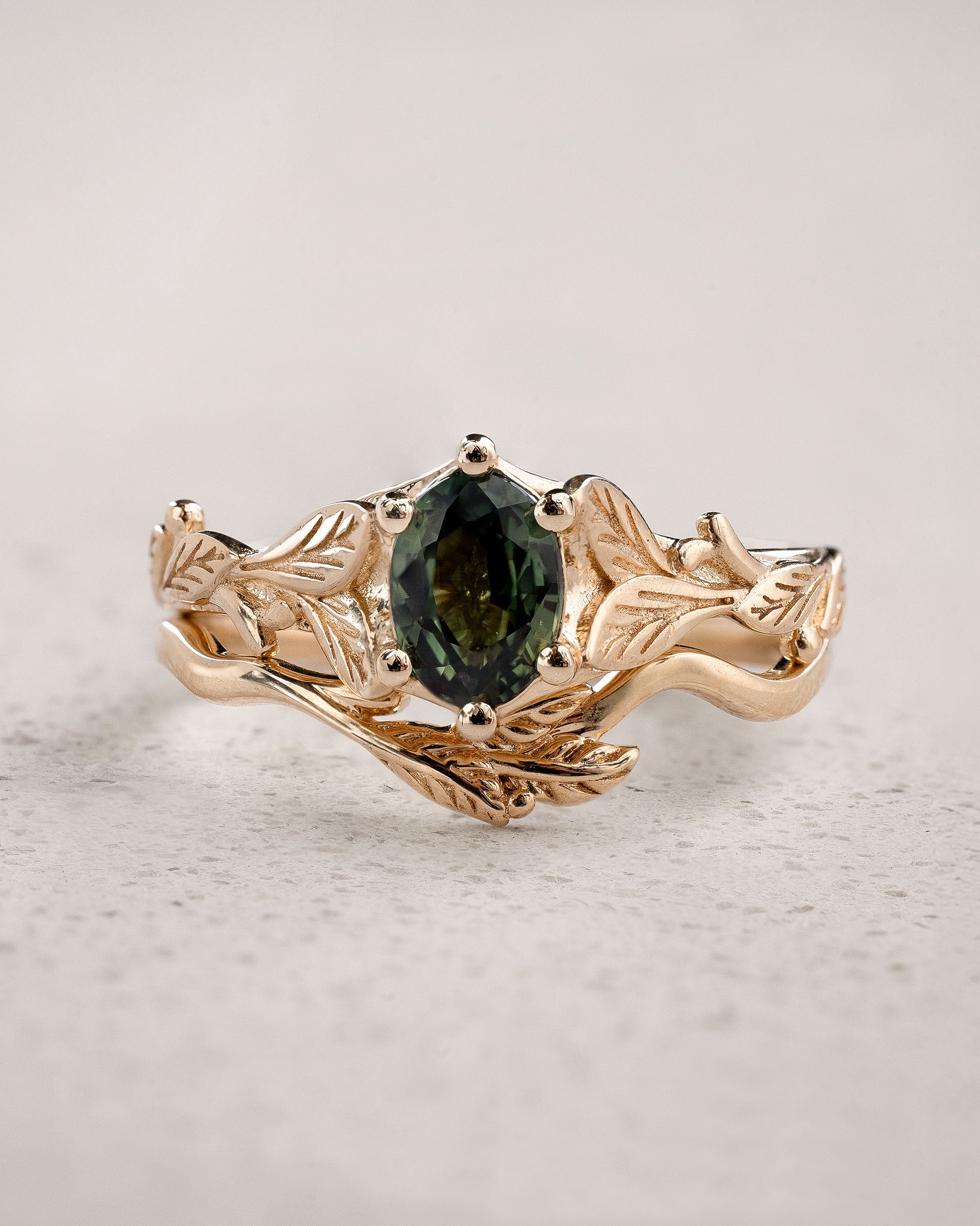 Bridal Set with Oval Dark Green Sapphire Embraced by Golden Leaves / Freesia - Eden Garden Jewelry™