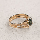 Bridal Set with Oval Dark Green Sapphire Embraced by Golden Leaves / Freesia - Eden Garden Jewelry™