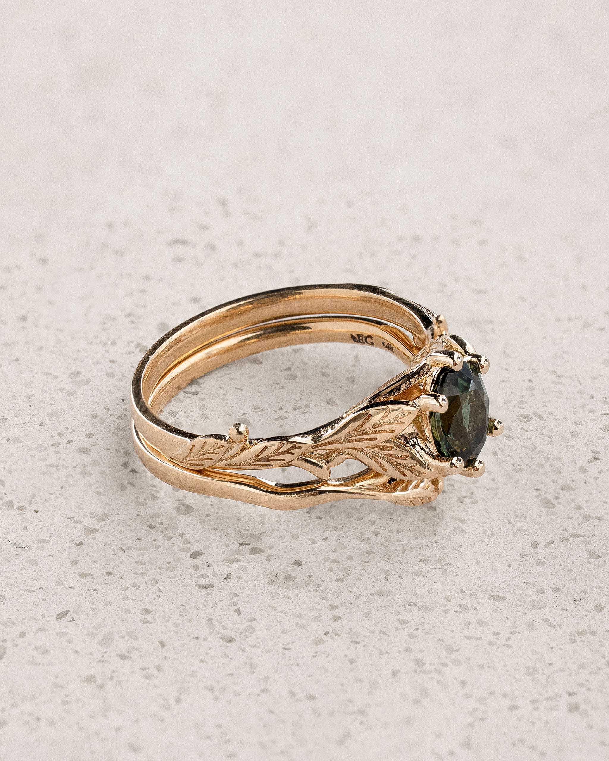 Bridal Set with Oval Dark Green Sapphire Embraced by Golden Leaves / Freesia - Eden Garden Jewelry™