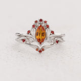 READY TO SHIP: Iris bridal ring set with natural orange sapphires, 14K white gold, AVAILABLE RING SIZES: 5.5 - 8.5 US