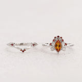 READY TO SHIP: Iris bridal ring set with natural orange sapphires, 14K white gold, AVAILABLE RING SIZES: 5.5 - 8.5 US