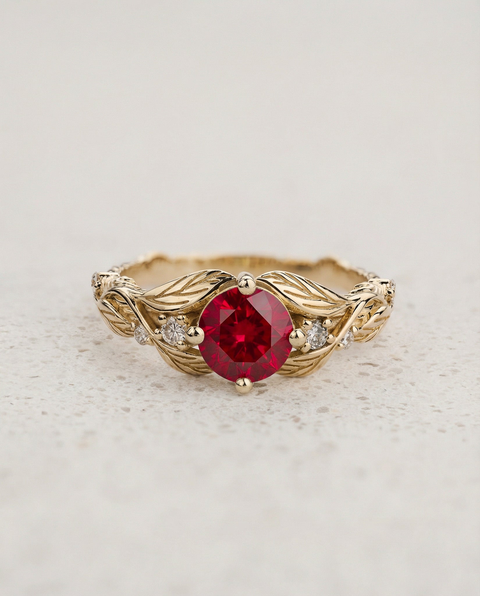 Engagement Ring with Rich Ruby Embraced by Detailed Leaves / Clematis - Eden Garden Jewelry™