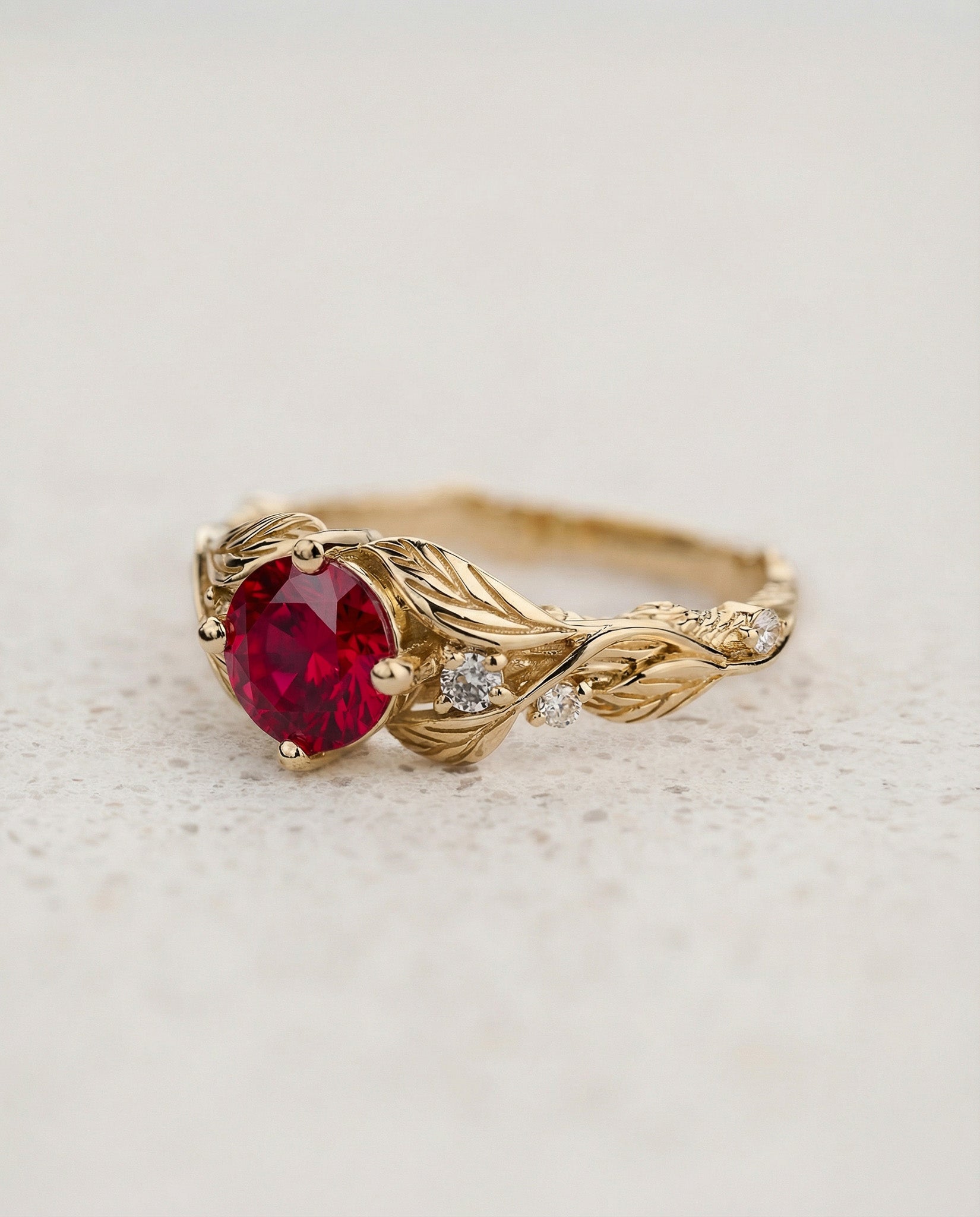 Engagement Ring with Rich Ruby Embraced by Detailed Leaves / Clematis - Eden Garden Jewelry™