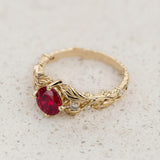 Engagement Ring with Rich Ruby Embraced by Detailed Leaves / Clematis - Eden Garden Jewelry™