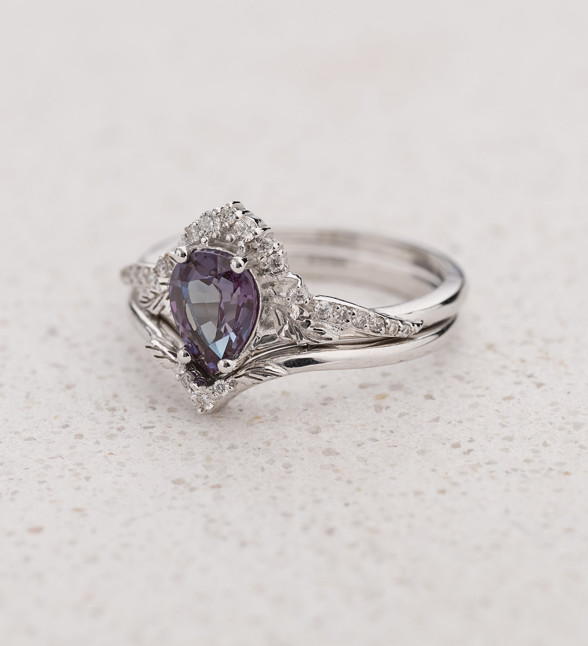 Colour changing alexandrite bridal ring set, white gold stacking rings with diamonds / Amelia - Eden Garden Jewelry™