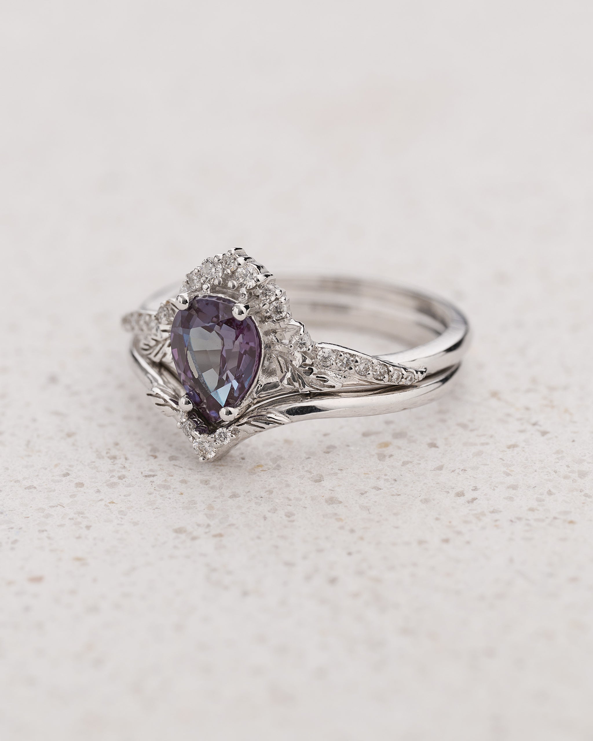 Colour changing alexandrite bridal ring set, white gold stacking rings with diamonds / Amelia - Eden Garden Jewelry™