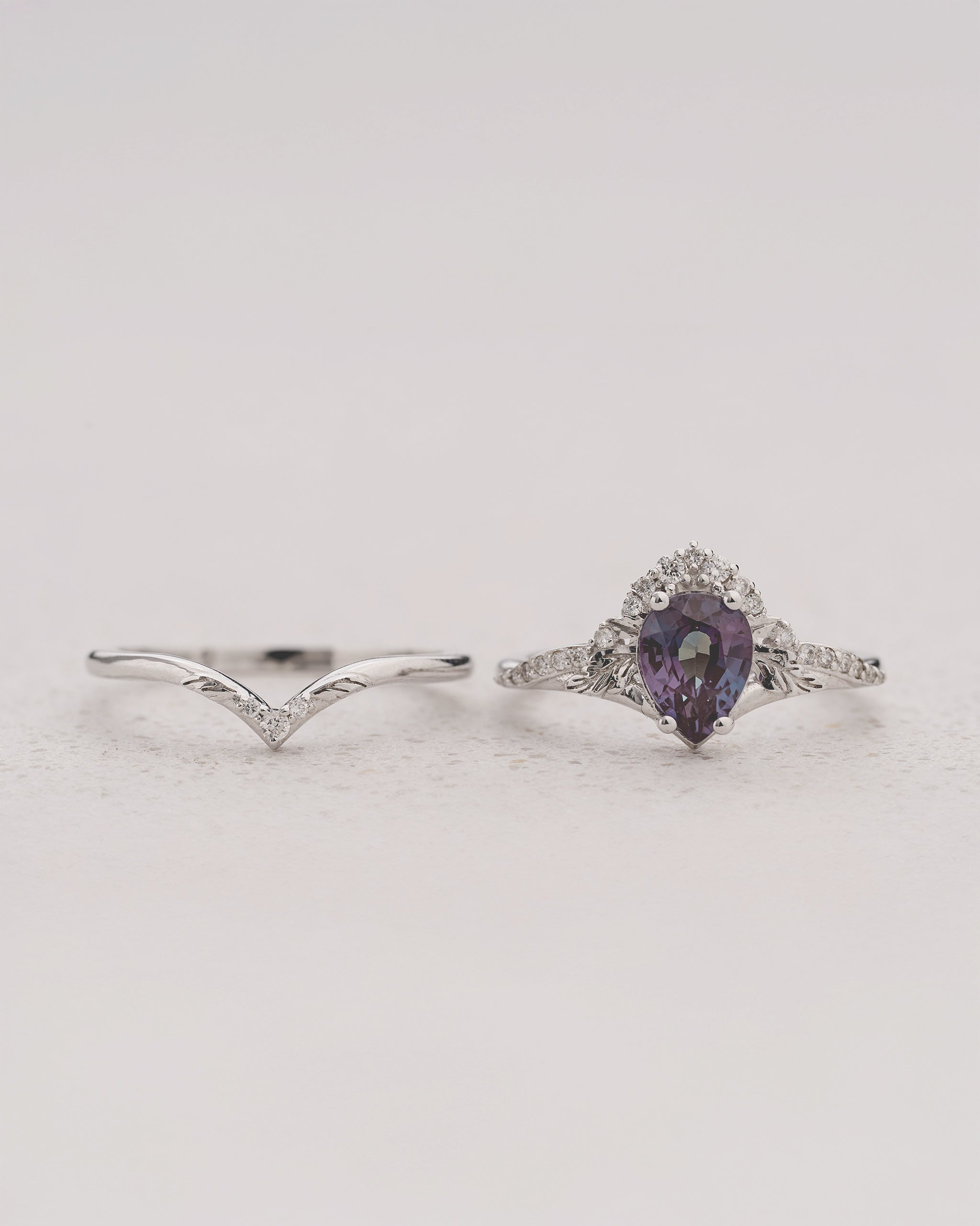 Colour changing alexandrite bridal ring set, white gold stacking rings with diamonds / Amelia - Eden Garden Jewelry™