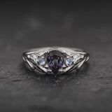 Colour changing alexandrite engagement ring, gold twig ring with side moonstones / Wisteria