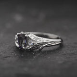 Colour changing alexandrite engagement ring, gold twig ring with side moonstones / Wisteria