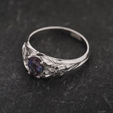 Colour changing alexandrite engagement ring, gold twig ring with side moonstones / Wisteria