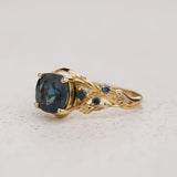 Cushion-cut Engagement Ring with Natural Teal Sapphires / Japanese Maple