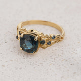 Cushion-cut Engagement Ring with Natural Teal Sapphires / Japanese Maple