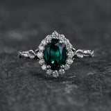 Halo Engagement Ring with Oval Emerald in Leafy Design / Florentina - Eden Garden Jewelry™