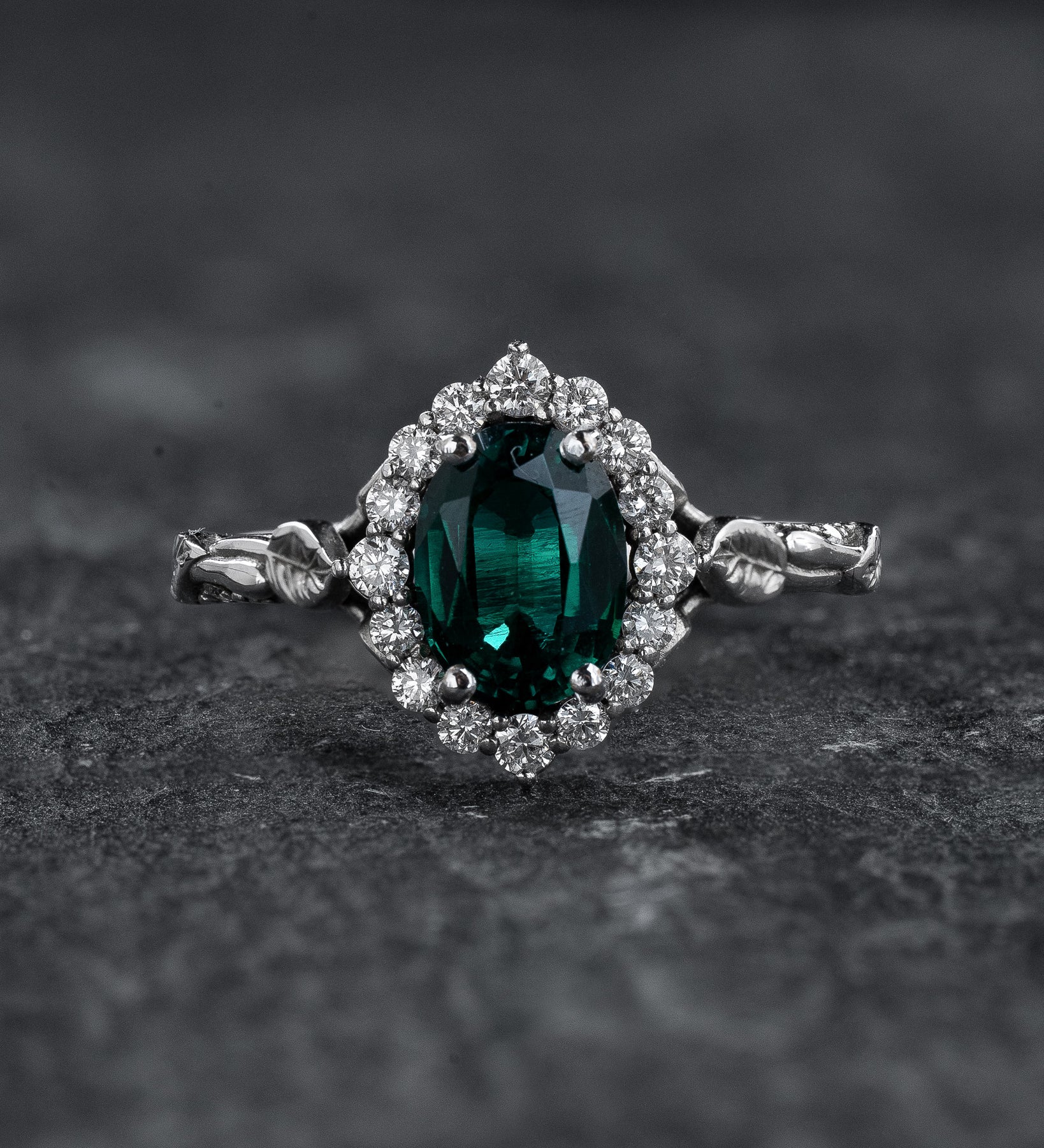 Halo Engagement Ring with Oval Emerald in Leafy Design / Florentina - Eden Garden Jewelry™
