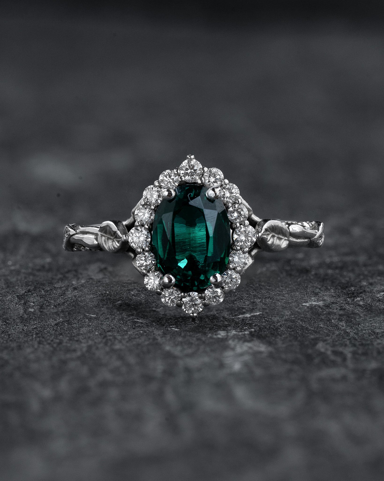 Halo Engagement Ring with Oval Emerald in Leafy Design / Florentina - Eden Garden Jewelry™