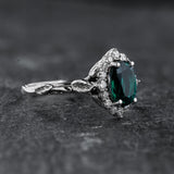Halo Engagement Ring with Oval Emerald in Leafy Design / Florentina - Eden Garden Jewelry™