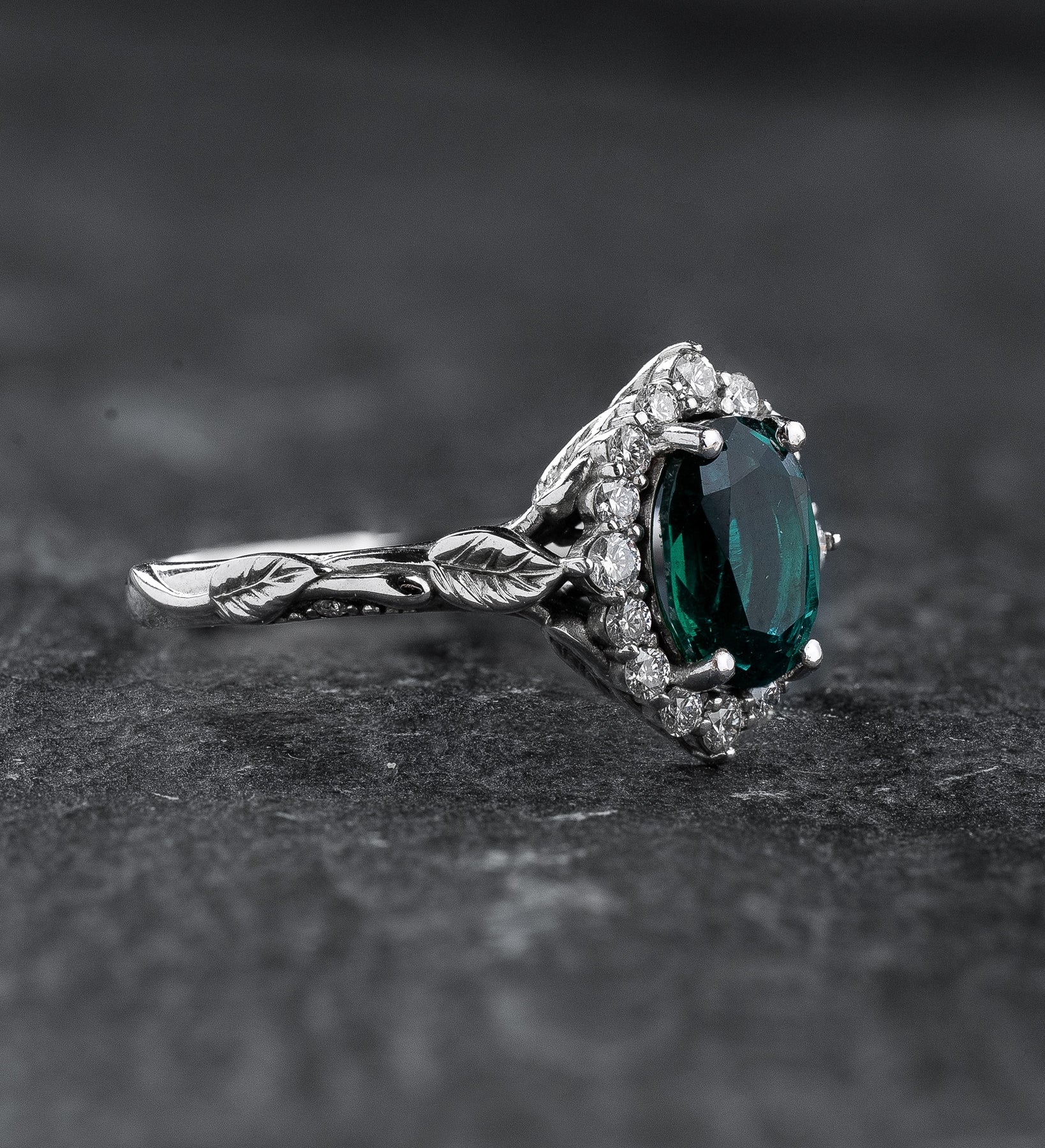 Halo Engagement Ring with Oval Emerald in Leafy Design / Florentina - Eden Garden Jewelry™