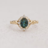 Diamond halo and sapphire engagement ring, gold leaf engagement ring  / Florentina - Eden Garden Jewelry™