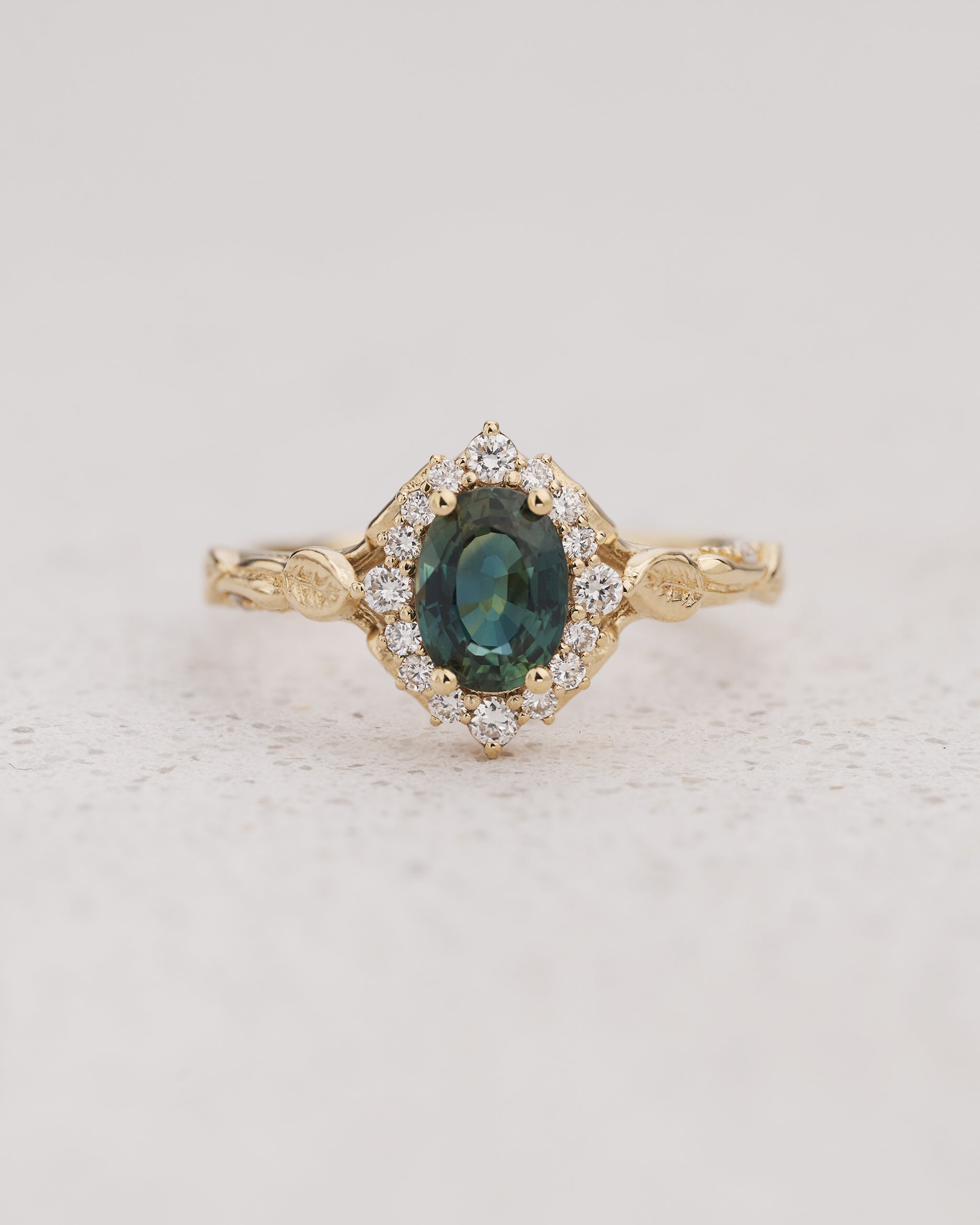 Diamond halo and sapphire engagement ring, gold leaf engagement ring  / Florentina - Eden Garden Jewelry™