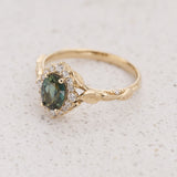 Diamond halo and sapphire engagement ring, gold leaf engagement ring  / Florentina - Eden Garden Jewelry™