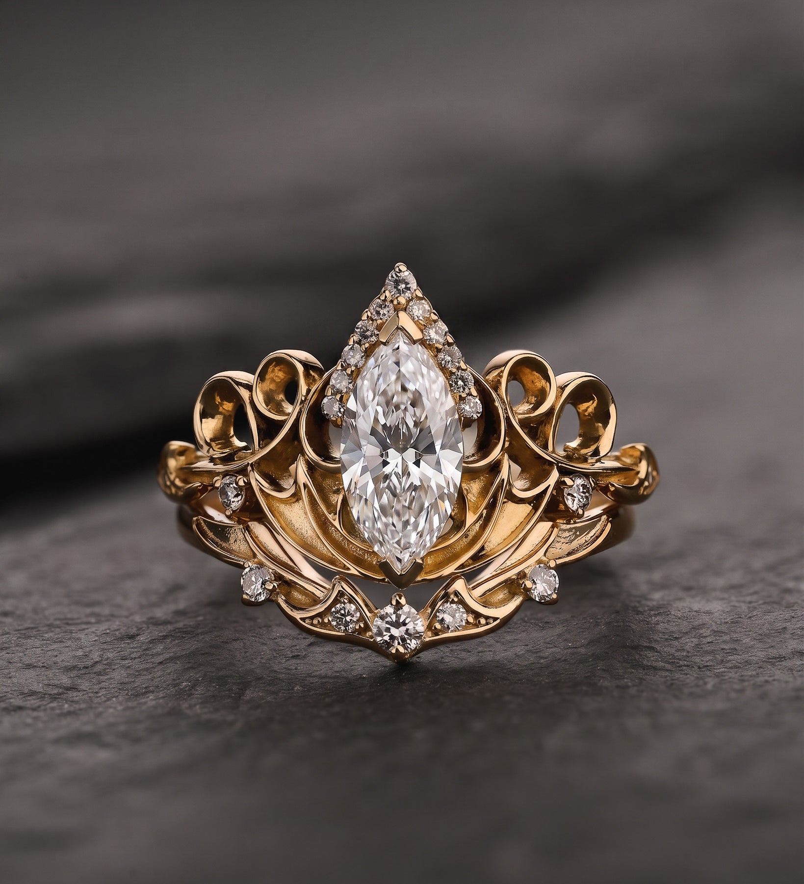 Dragon Inspired Ring Set With Marquise Diamond / Draco - Eden Garden Jewelry™