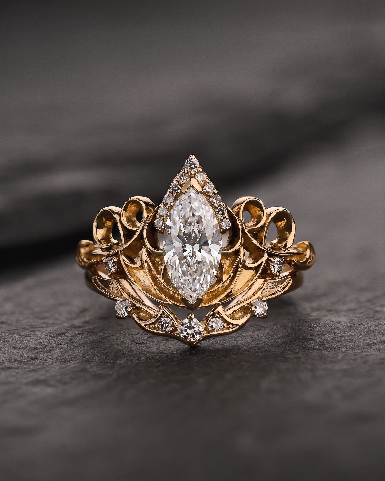 Dragon Inspired Ring Set With Marquise Diamond / Draco - Eden Garden Jewelry™
