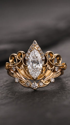 Dragon Inspired Ring Set With Marquise Diamond / Draco - Eden Garden Jewelry™