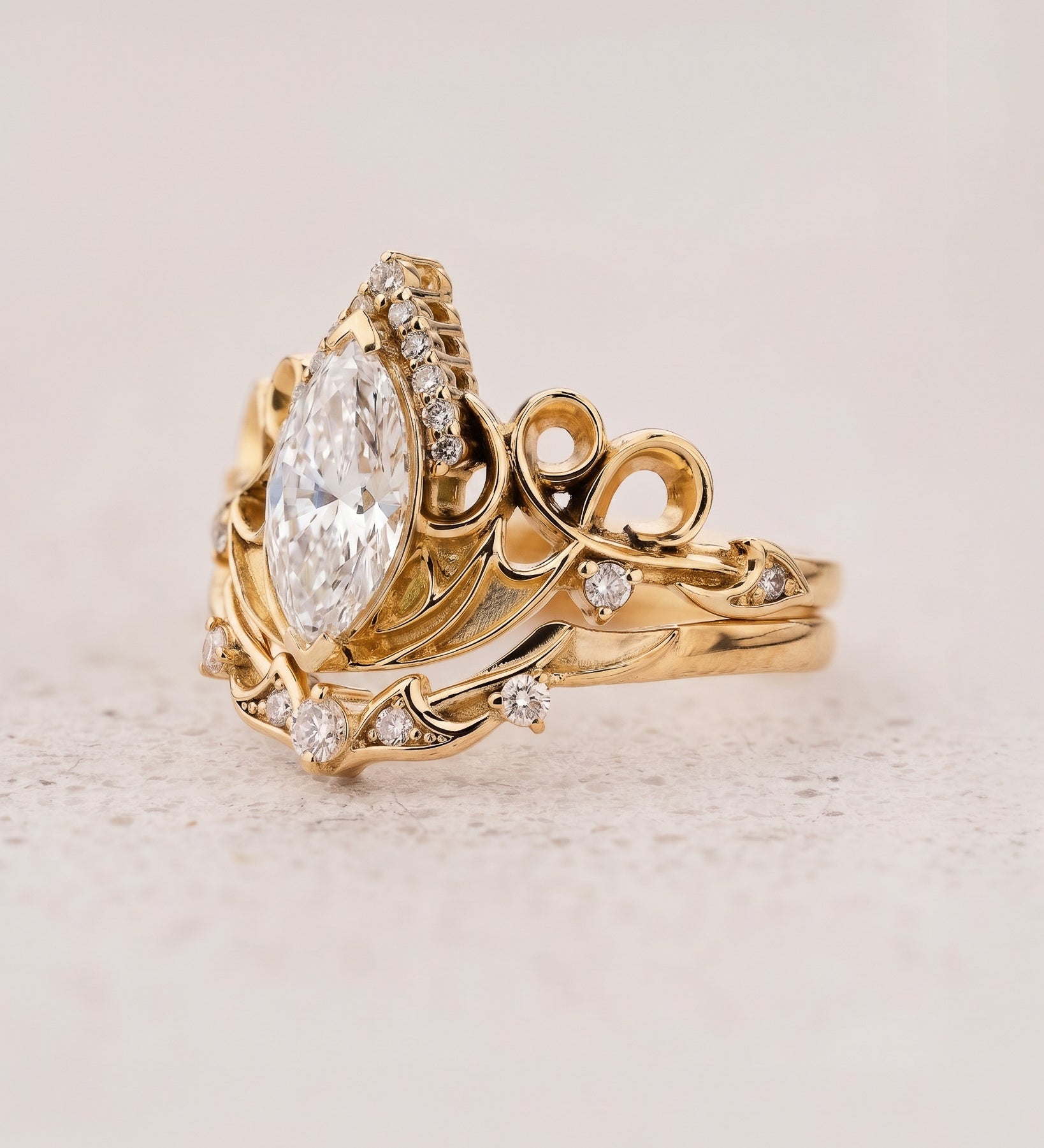Dragon Inspired Ring Set With Marquise Diamond / Draco - Eden Garden Jewelry™