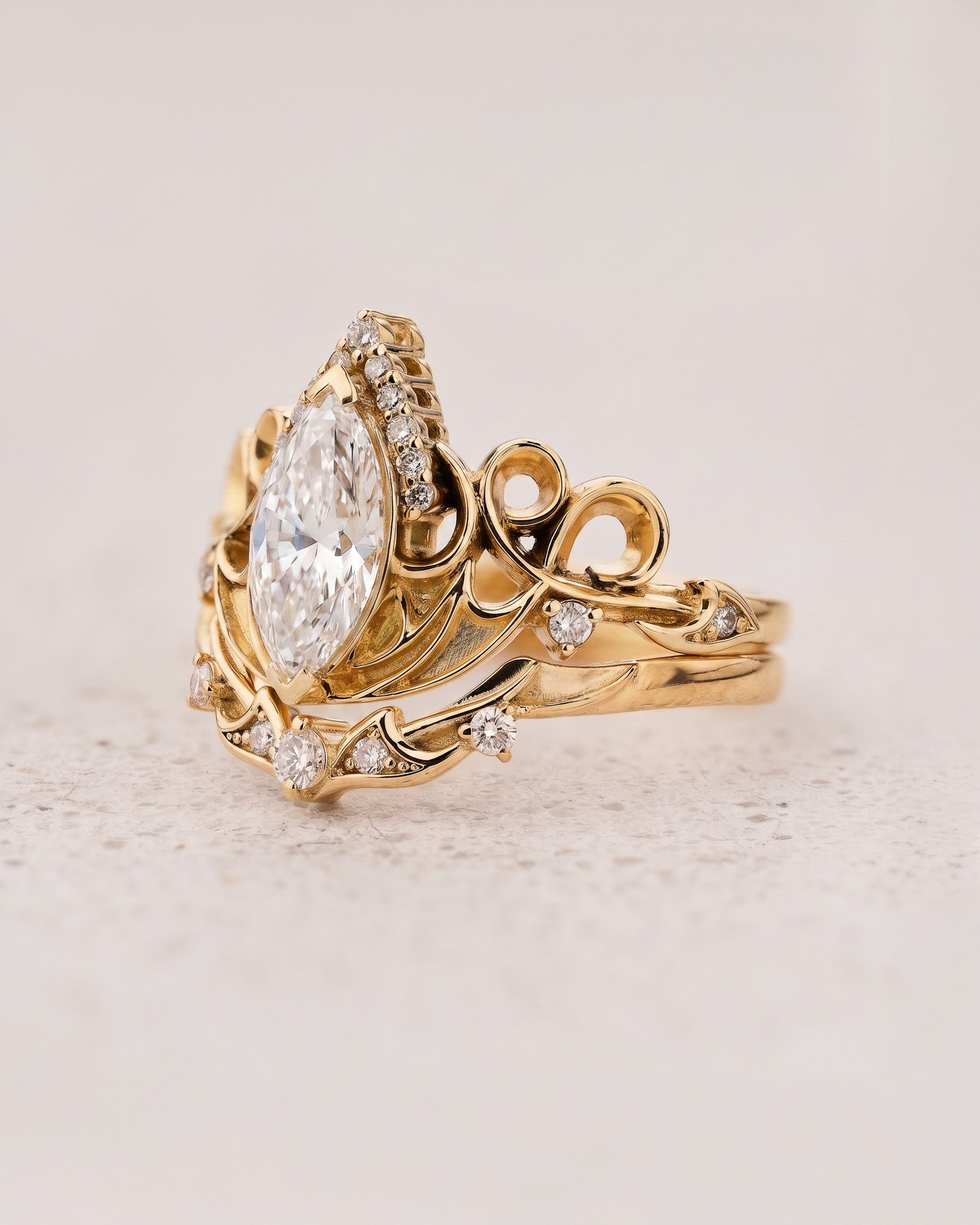 Dragon Inspired Ring Set With Marquise Diamond / Draco - Eden Garden Jewelry™