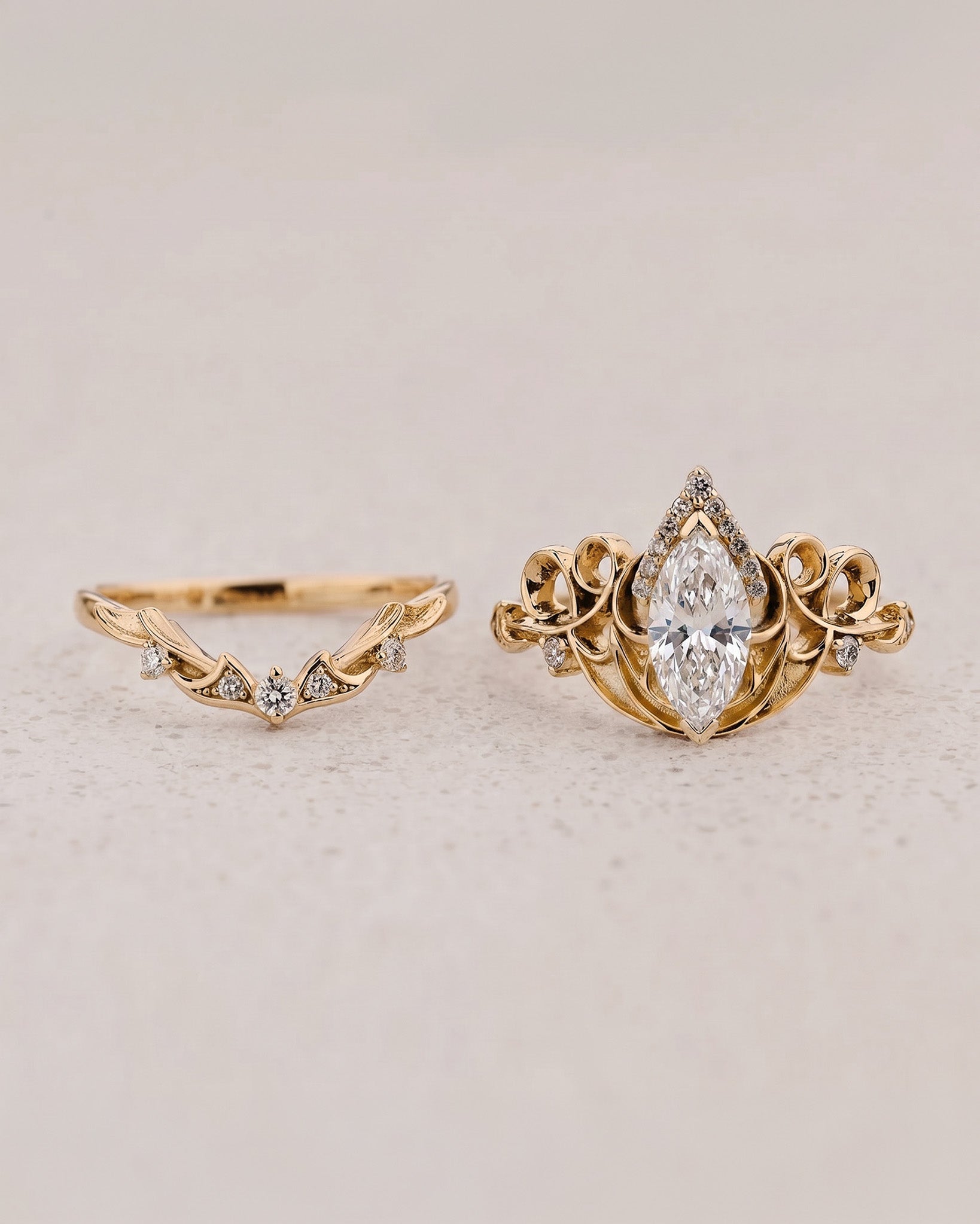 Dragon Inspired Ring Set With Marquise Diamond / Draco - Eden Garden Jewelry™